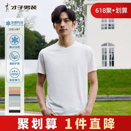 【凉感冰丝】才子男装圆领短袖t恤男2024夏季新款简约多彩纯色短T商品大图