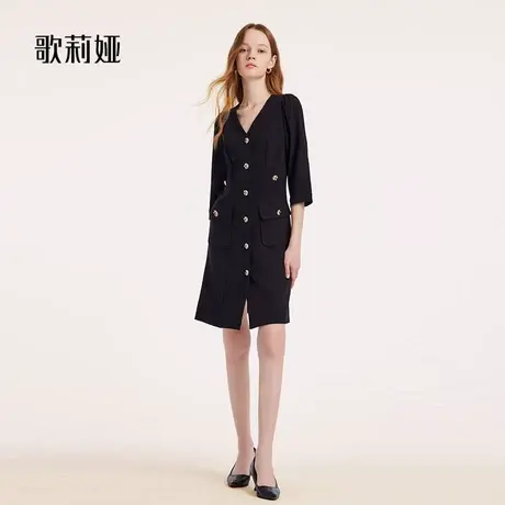 歌莉娅V领连衣裙女春秋新款小香风气质通勤小个子裙图片