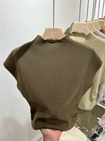 飞飞袖针织衫半高领修身上衣小衫女2023早秋新款收腰褶皱打底衫商品大图