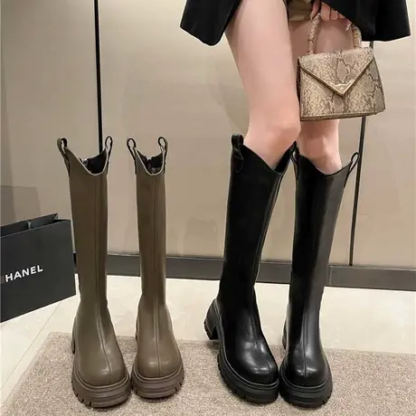 长筒靴女2023春秋季新款v口法式复古单靴粗跟高跟厚底增高骑士靴图片