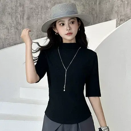 拉夏贝尔时尚洋气修身半高领T恤女士秋季2025新款五分袖体恤上衣商品大图