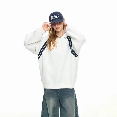美式潮牌撞色条纹翻领卫衣女春秋新款宽松休闲运动套头情侣款上衣商品大图