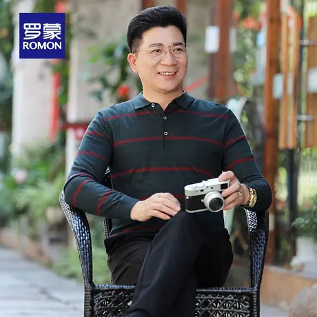 罗蒙男士商务条纹翻领长袖针织衫2025秋季新款中老年爸爸装毛衣男图片