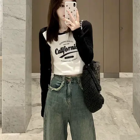 薄款甜辣长袖T恤女装初秋季修身内搭打底衫独特别致短款正肩上衣商品大图