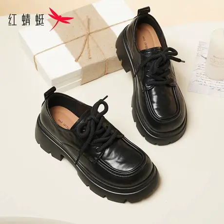 红蜻蜓厚底乐福鞋女2025秋季新款小个子增高黑色单鞋英伦风小皮鞋图片