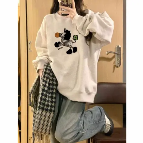 圆领白灰色斑马卫衣女士秋冬季美式宽松oversize加绒加厚重磅上衣商品大图
