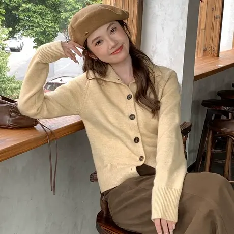 尔给秋冬毛衣女显瘦长袖百搭复古翻领时尚小个子洋气小众针织衫商品大图