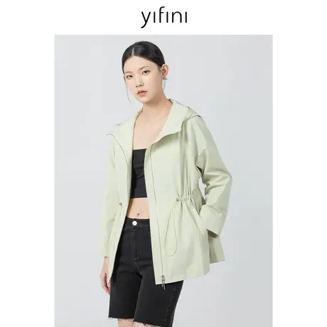 Yifini/易菲宽松连帽抽绳收腰风衣女2023秋季新款通勤小个子外套图片