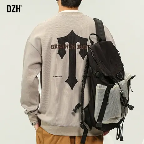 男生杏色美式重磅卫衣男秋季圆领刺绣上衣男款长袖体恤衫宽松衣服商品大图