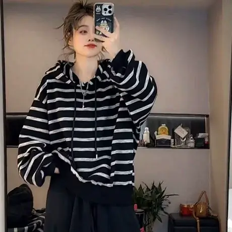 条纹连帽卫衣女2025秋新款时尚百搭显瘦小个子拼接套头帽衫上衣潮商品大图