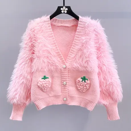 小清新粉色草莓毛衣外套女秋冬2023新款宽松高级感减龄针织开衫商品大图