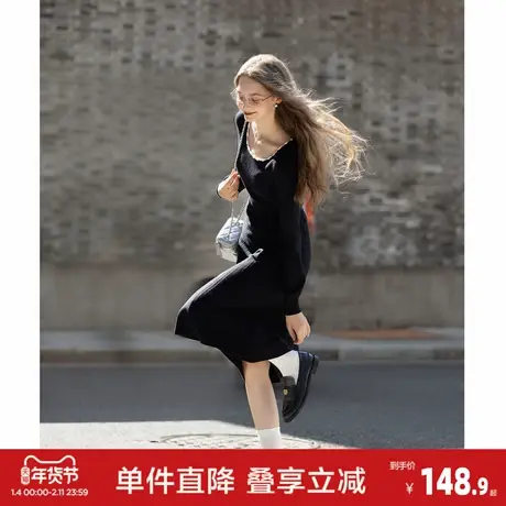 唐狮2026早秋优雅气质连衣裙温柔女贝壳圆领撞色设计长袖连衣裙图片