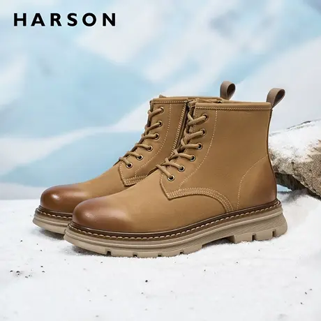哈森户外马丁靴男款中帮男士高帮鞋子冬季加绒男鞋保暖系带短靴子图片