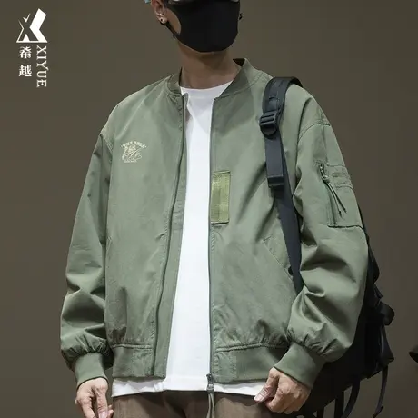 户外防风夹克外套男士秋季宽松大码棒球领冲锋衣男款绿色印花上衣商品大图