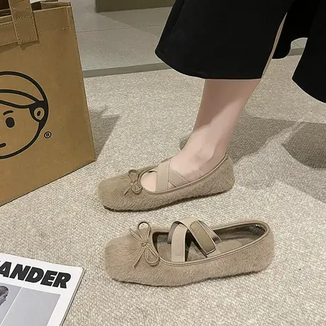 平底鞋女2023年春秋季新款蝴蝶结仙女温柔气质单鞋浅口超软毛毛鞋商品大图