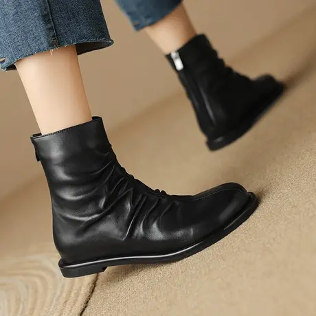真皮靴子女2023新款堆堆靴圆头复古西部女式靴休闲百搭羊皮短靴女图片
