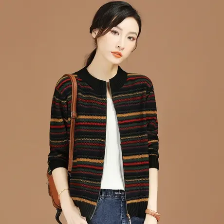 韩潮袭人圆领条纹开衫针织衫外套女2023年新款春季复古长袖毛衣薄图片