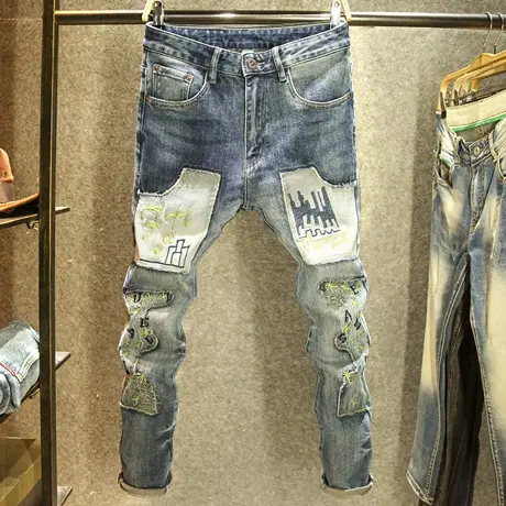 痞帅贴布磨边牛仔裤男款修身小脚裤潮牌刺绣手工针缝潮流长裤子商品大图