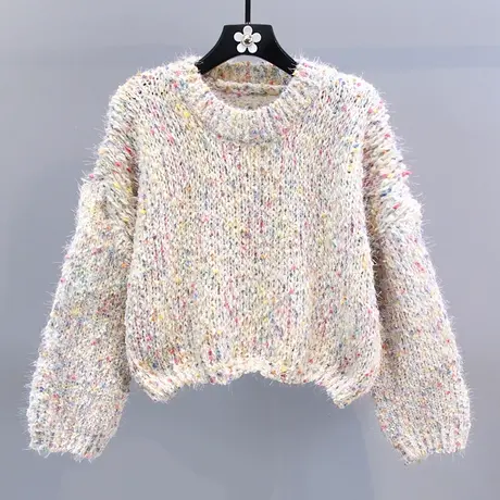 高级感软糯彩色短款毛衣女秋冬2023新款宽松慵懒风套头打底针织衫商品大图