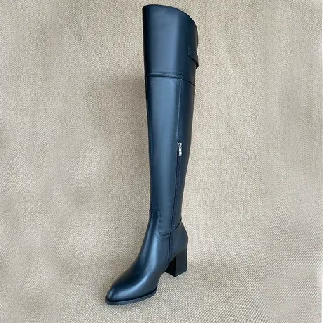 2023秋冬新款里外真皮尖头高跟过膝长靴女黑色侧拉链舒适长筒靴女图片