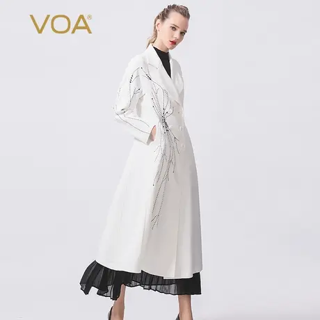 VOA60姆米重磅真丝廓形领连肩长袖双排扣绣花钉珠桑蚕丝白外套商品大图