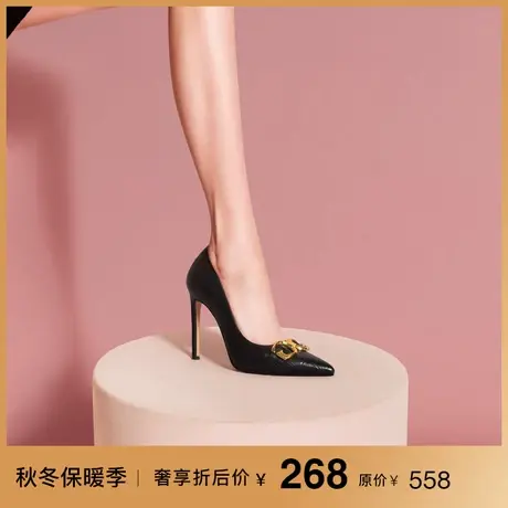 熙漫2023新款气质尖头真皮细跟高跟鞋职业通勤百搭复古黑色单鞋女商品大图