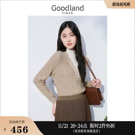 Goodland美地女装冬季撞色格纹爱心提花肌理针织衫套头上衣商品大图