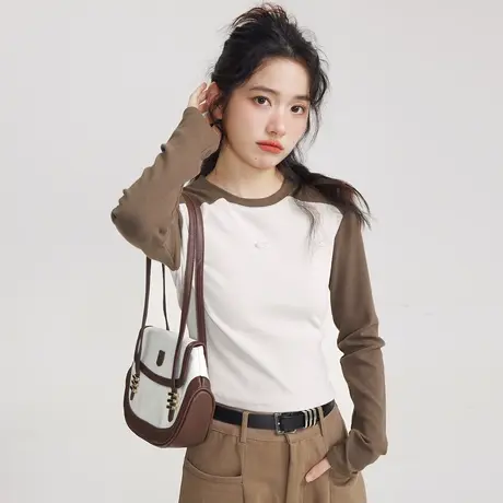尔给美式复古甜辣短款上衣女秋季2023新款修身拼接插肩长袖t恤图片
