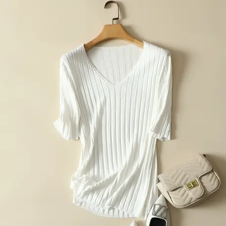 冰丝针织衫女装夏季新款V领宽松套头2024年韩版短袖t恤女百搭上衣商品大图