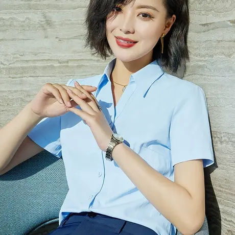 雀后职业衬衫女时尚气质短袖V领正装OL工装上衣工作服蓝色衬衣夏商品大图