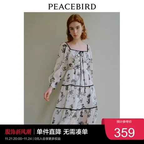 太平鸟 2023年夏季法式撞色系带连衣裙长袖印花蛋糕裙女奥莱图片