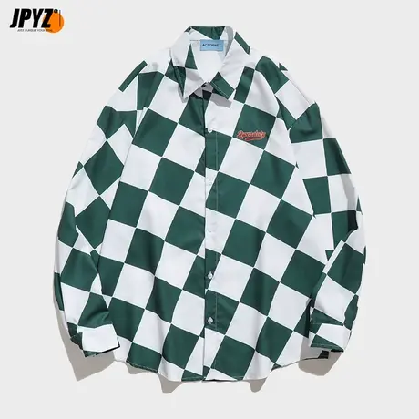 寸衫男长袖秋季新款薄款复古宽松格子外套男女款格纹混纺雅痞衬衫图片