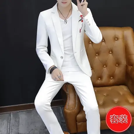 2件套男士休闲西服发型师韩版潮流绣花小西装男装修身帅气一套装商品大图