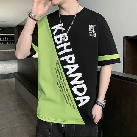 短袖t恤男夏季薄款宽松纯棉上衣青少年学生潮牌撞色拼接半袖体恤商品大图