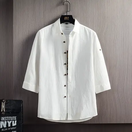 男士纯色棉感七分袖衬衫夏季新款棉麻休闲衬衣韩版潮流中袖外套男商品大图