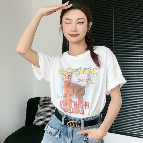 尔给小个子中长款短袖白色t恤女夏2023新款洋气减龄宽松印花上衣图片