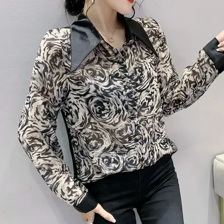 欧货网纱长袖衬衫女2023春秋新款时尚印花打底衫气质百搭POLO上衣图片