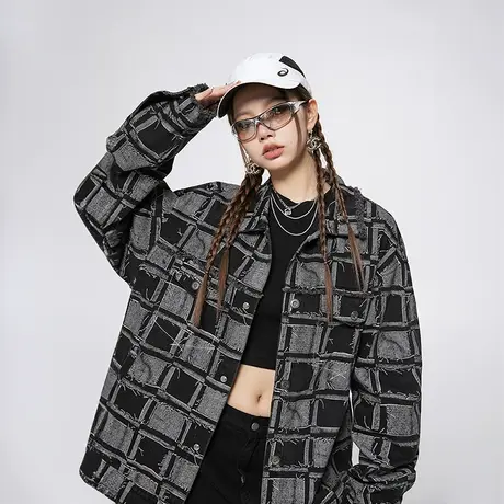设计感复古格子牛仔外套女2023年新款春秋款美式街头潮牌宽松夹克图片