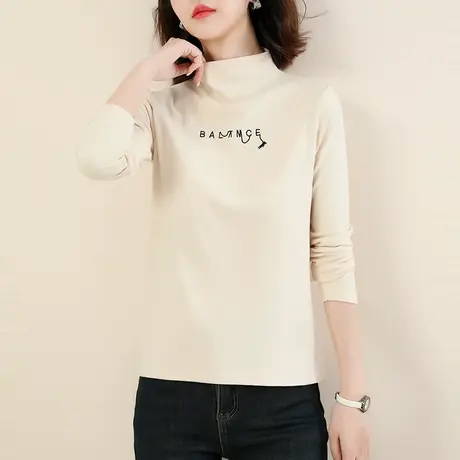 韩潮袭人半高领刺绣长袖T恤女2023冬新款修身显瘦内搭打底衫上衣图片