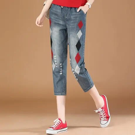 韩潮袭人松紧腰刺绣哈伦宽松牛仔裤女2023夏新款休闲百搭七分裤子商品大图