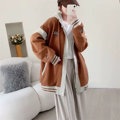 加绒加厚拼色刺绣棒球服卫衣女秋冬2023新款宽松连帽休闲外套上衣商品大图