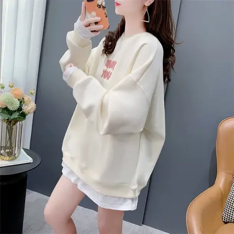 假两件加绒圆领卫衣女套头2023新款冬季韩版宽松洋气百搭外套上衣图片