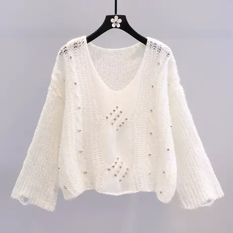 钉珠镂空V领针织衫女2023秋装新款日系甜美宽松减龄短款套头上衣图片
