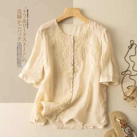 享永子短袖刺绣苎麻上衣女文艺复古宽松棉麻T恤休闲2024夏季新款商品大图