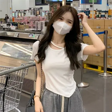 不规则设计感短袖T恤女春夏韩版2024新款辣妹风纯欲白色打底上衣商品大图