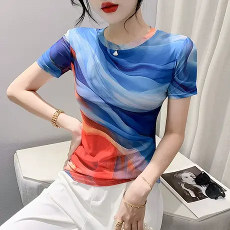 欧货圆领网纱T恤女短袖2024夏装新款设计感小众印花上衣修身小衫图片