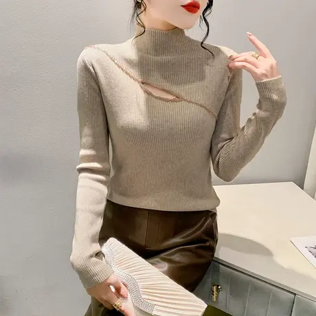 秋冬2024新款半高圆领针织衫性感镂空套头毛衣欧货钉珠烫钻打底衫图片