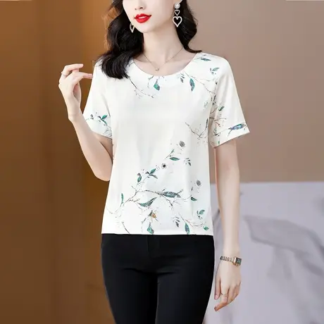 短袖T恤女真丝上衣2023夏季新款大码小衫印花漂亮气质减龄女装潮商品大图