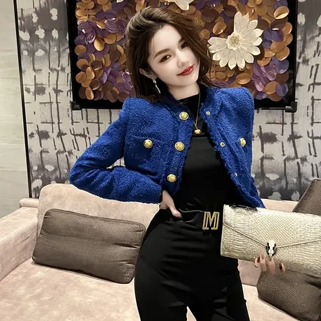 洋气炸街粗花呢短款小香风外套2023新款时尚显瘦单排扣长袖上衣女图片