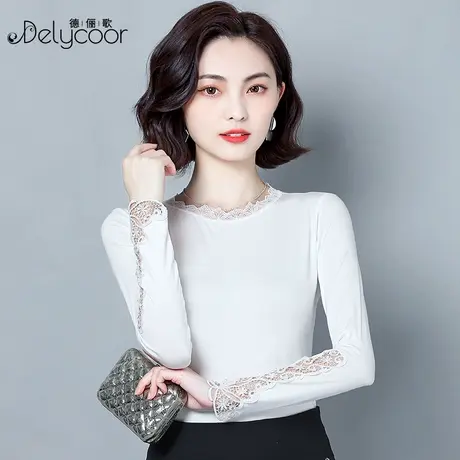 莫代尔打底衫女春秋百搭圆领蕾丝领洋气上衣内搭修身长袖白色T恤图片